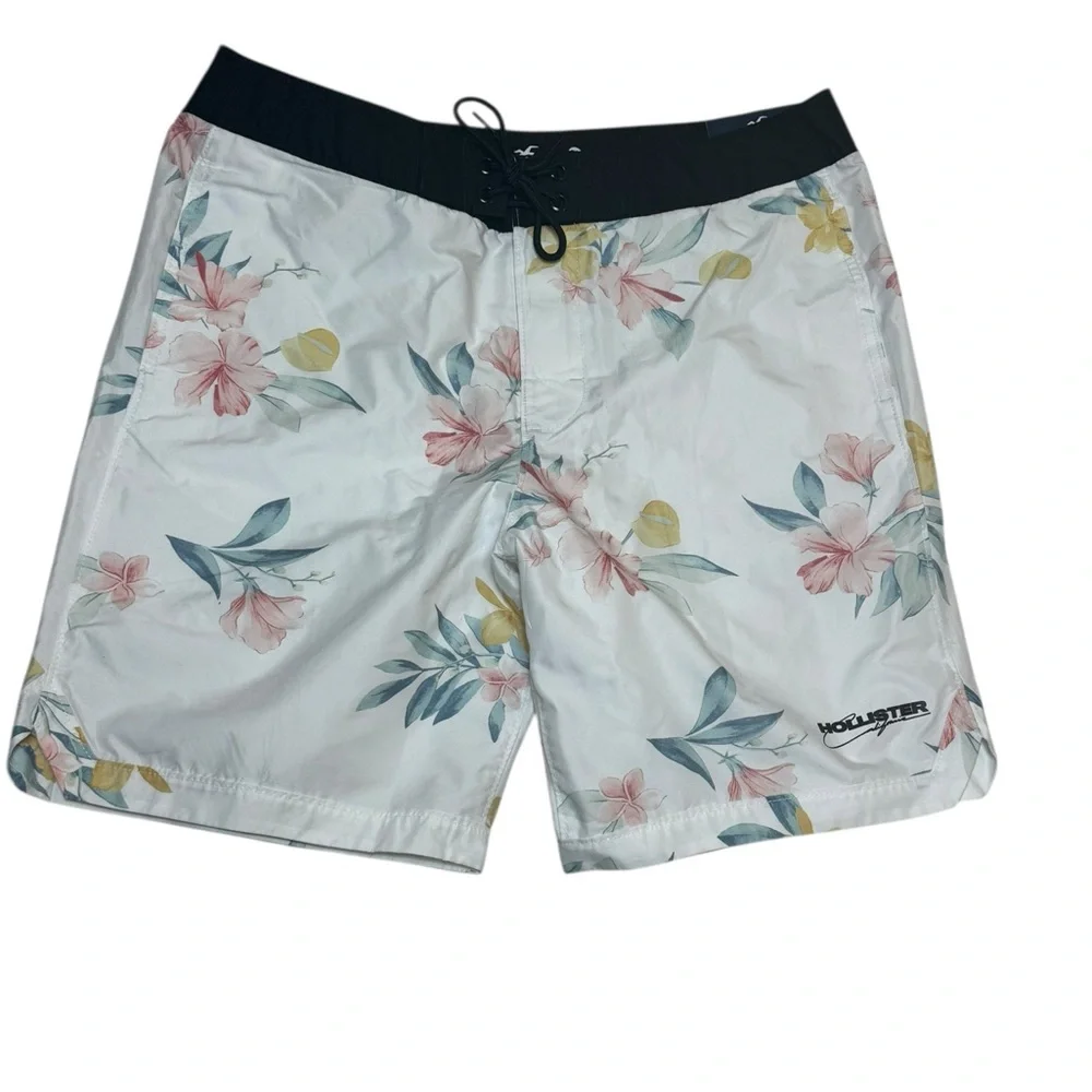 Hollister Men's Floral Swim Shorts - White, Pink, Yellow